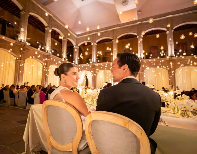 Luxury dining event space at Club de Banqueros with atmospheric string lighting for private gala.