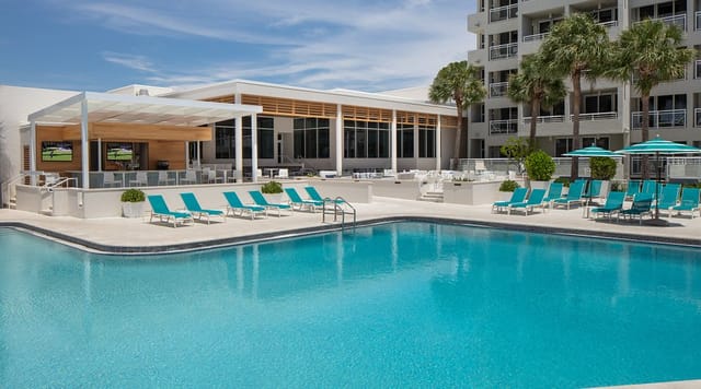 Island House outdoor pool deck for corporate events and professional networking receptions.