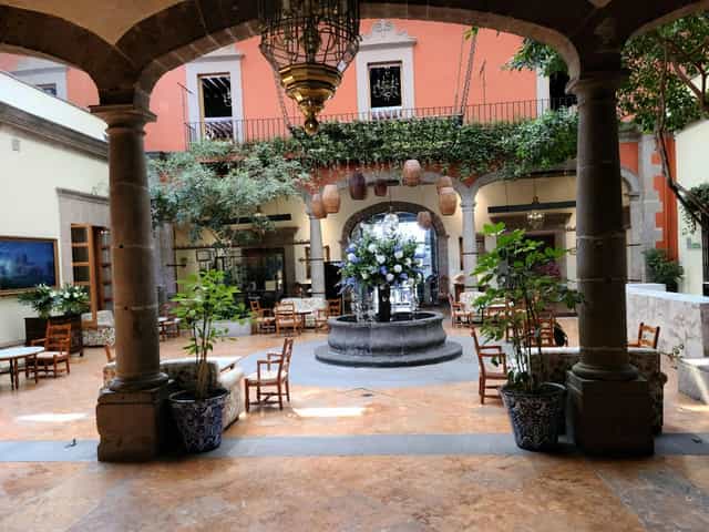 Historic courtyard at Hacienda de los Morales, ideal for high-end corporate events and receptions.