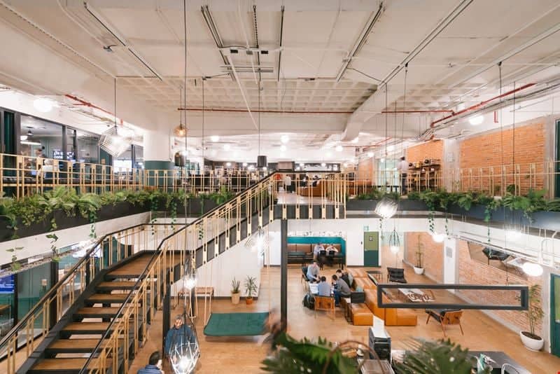 Biophilic open-plan coworking office for networking and unconference events.