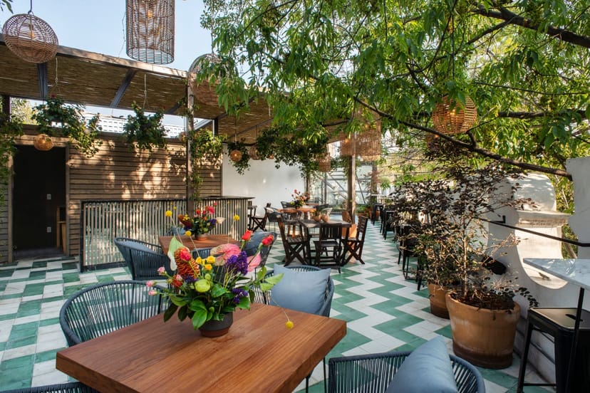 High-end terrace in Meroma CDMX with lush greenery, ideal for cocktail reception or networking.