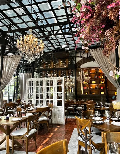 Au Pied de Cochon private dining room with chandeliers for boutique weddings and networking events.