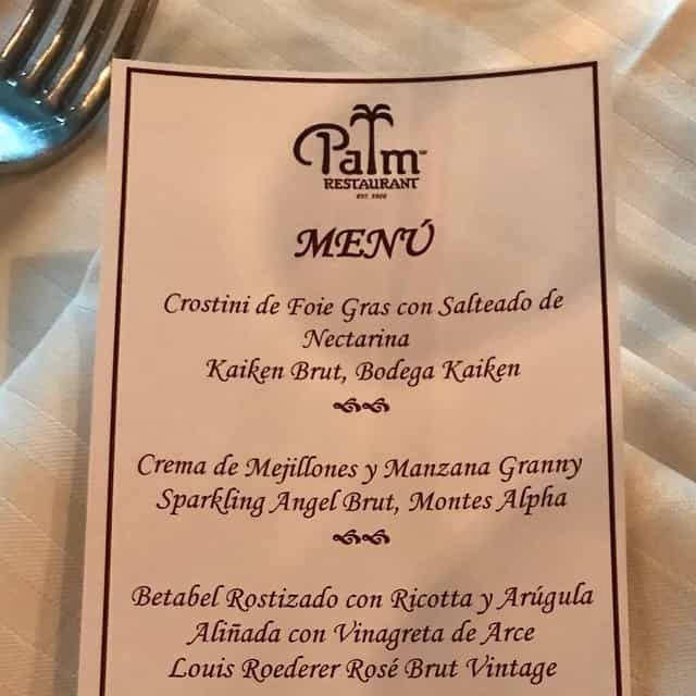 Printed menu for a wine-pairing corporate dinner at The Palm restaurant in Mexico City.