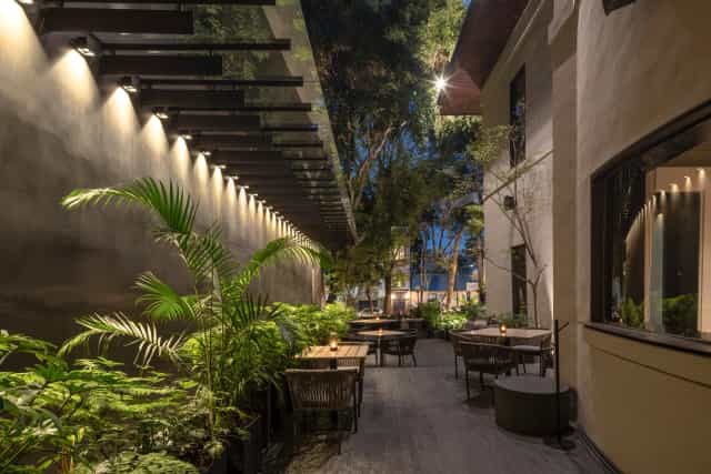 Terraza Orizaba at Brick Hotel: Sophisticated biophilic breakout space for evening networking.