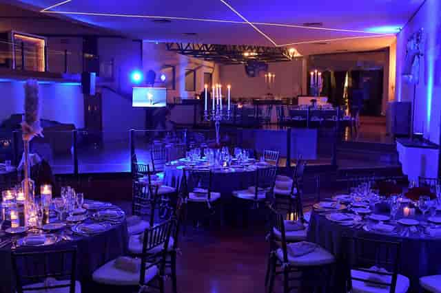 La Foret Banquet Hall: Formal event space with elegant blue LED lighting for weddings and galas.