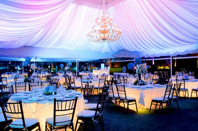 La Foret banquet hall with elegant ceiling draping for a luxury wedding or gala event.
