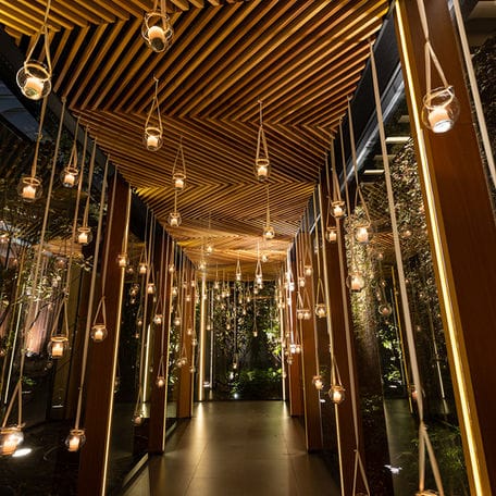 Tiered hanging lantern entryway for luxury gala or brand activation at Bodas in Altto San Ángel.