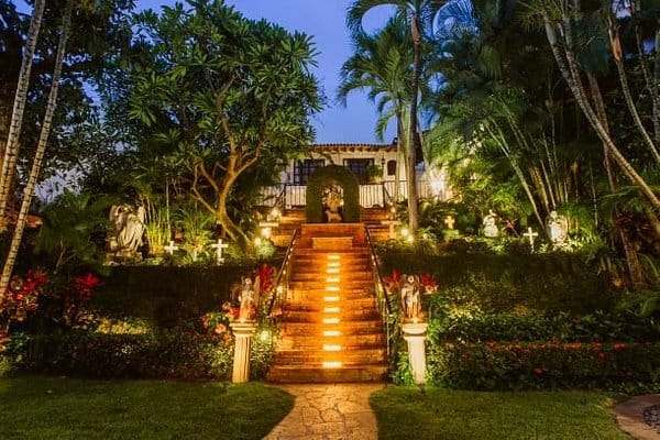 Hacienda San Angel terrace with dramatic stair lighting for intimate wedding and gala events.