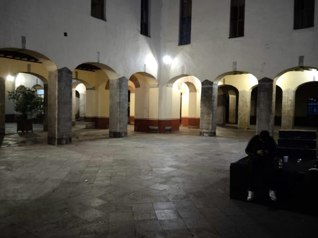 Historic Patios de San Jerónimo event space, atmospheric architecture for cocktail receptions.