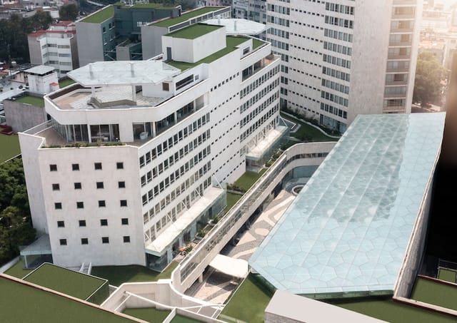 La Terraza Mondrian Mexico City: modern glass atrium venue for corporate conferences and galas.