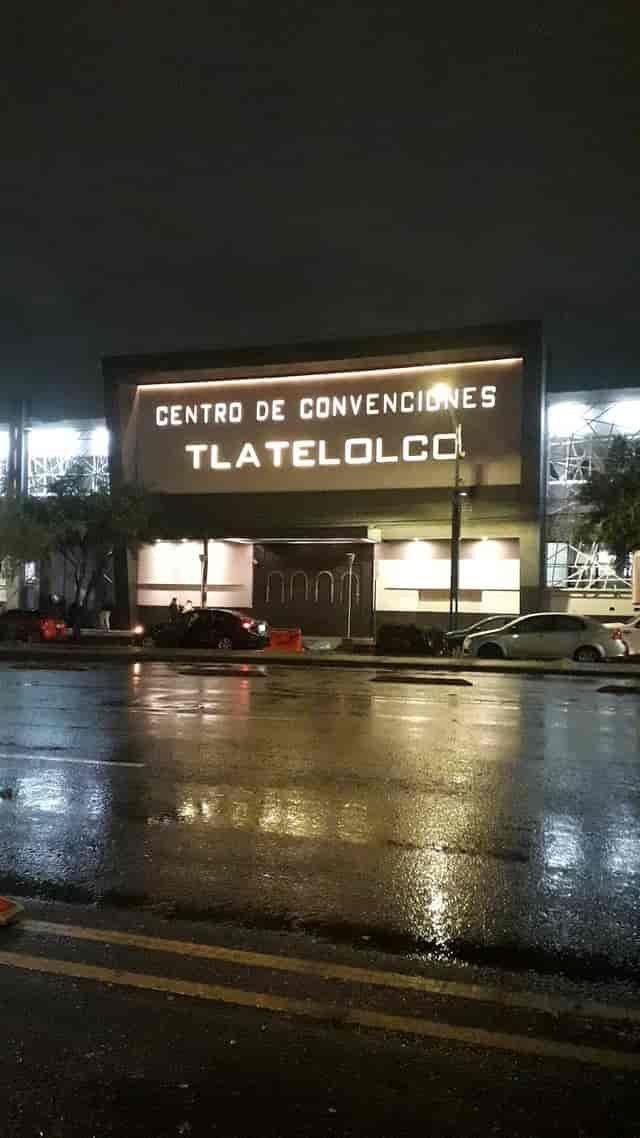 Exterior of Centro de Convenciones Tlatelolco at night for event venue and convention logistics.
