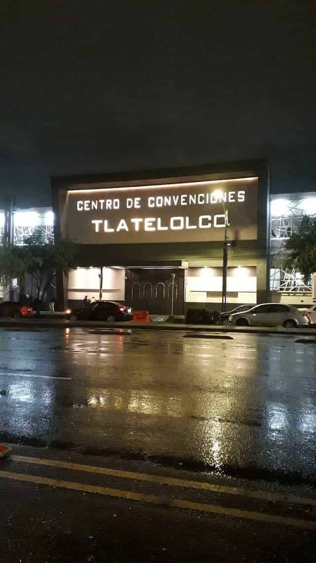 Centro de Convenciones Tlatelolco exterior at night: venue entrance for corporate events and galas.