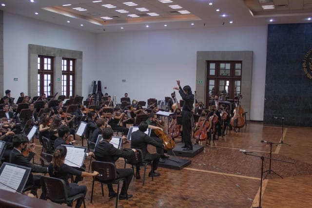 Orchestra performing in Auditorio C, Los Pinos: versatile cultural event and music venue.