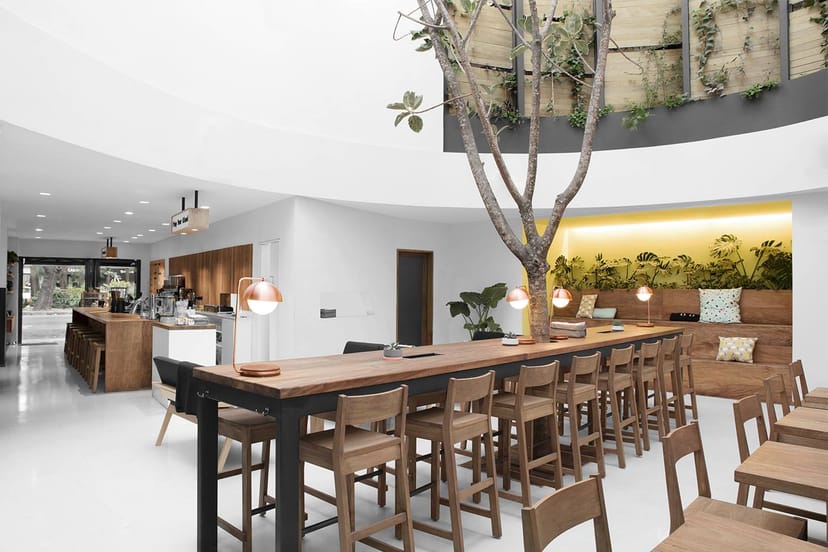 Biophilic coworking breakout space for modern networking and meeting events.