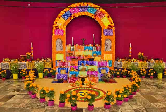 Cultural Center San Ángel vibrant marigold altar for Day of the Dead and cultural events.