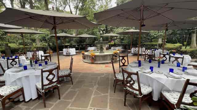 San Angel Inn outdoor dining with fountain centerpiece, ideal for upscale alfresco events.