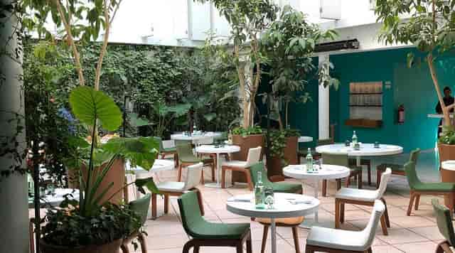 Rooftop bar at Hotel CondesaDF with biophilic design for networking events and breakout sessions.