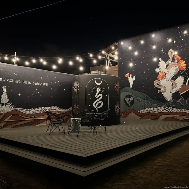 High Desert Hideaway outdoor networking space with bistro lighting for intimate corporate events.