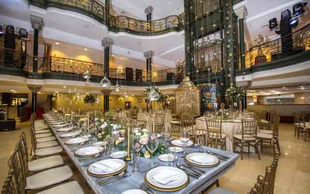 Luxury banquet hall at Luc 34 featuring dramatic architecture for gala dinners and social events.