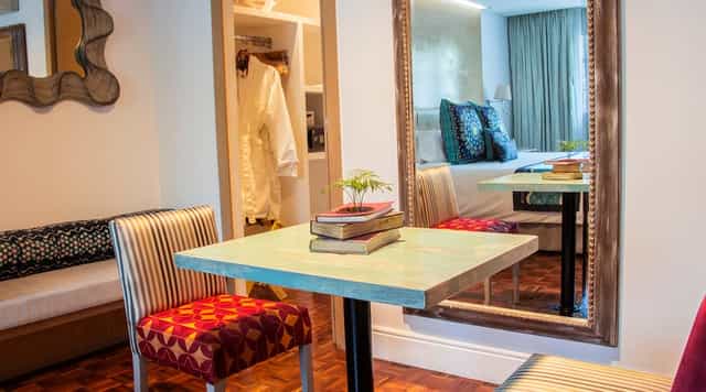 Compact workspace in María Condesa Hotel room for business travel and remote work.