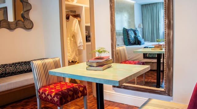 Compact workspace in María Condesa Hotel room for business travel and remote work.