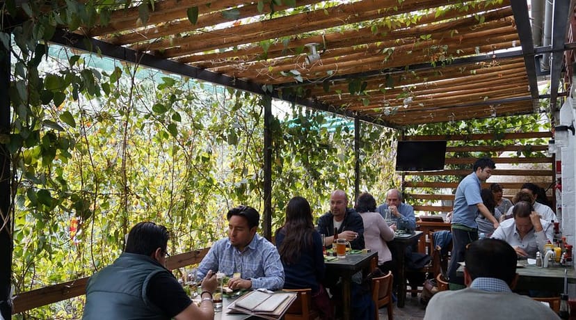 Biophilic outdoor dining terrace at Centenario 107 for networking events and team lunches.