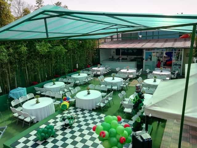Outdoor event venue with balloon decor for kids' birthday parties and celebrations.