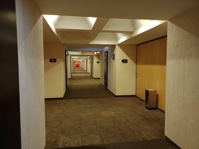 Hotel Royal Pedregal corridor: sterile long-exposure hallway for conference event logistics.