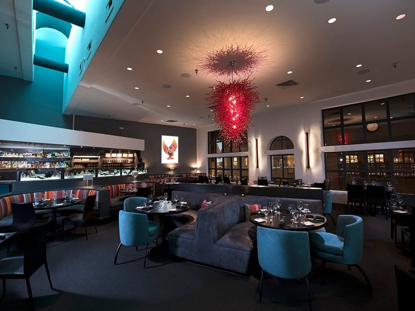 SkyFire Restaurant private dining room with architectural lighting for executive dinners and events.