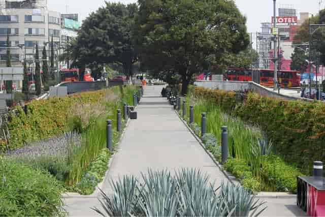 Pedestrian park corridor with lush greenery for corporate event breakout and outdoor networking.