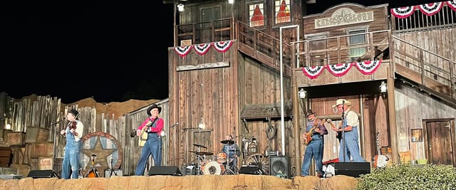 Gold Rush Camp at Knott’s Berry Farm: rustic Western stage for corporate events and live shows.