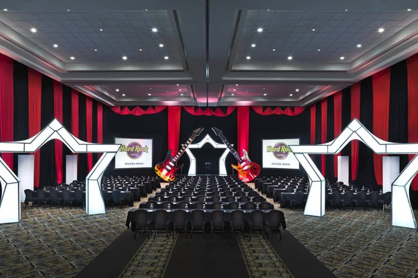 Rock Star themed conference ballroom with guitar props at Hard Rock Riviera Maya for event planning.