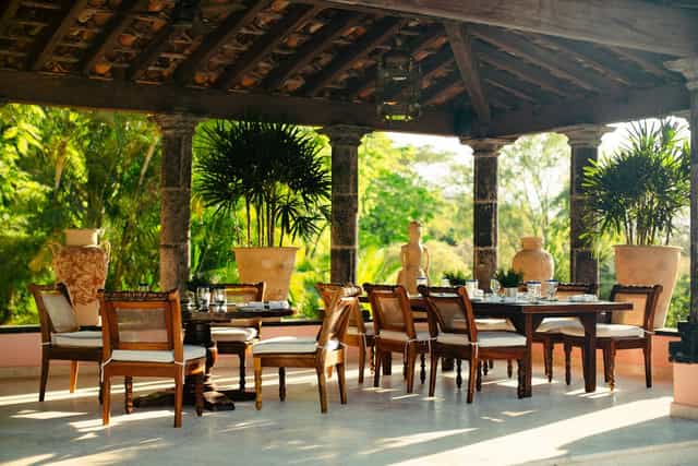 Rustic patio venue at Hacienda de San Antonio Clavería for upscale retreats and dining events.