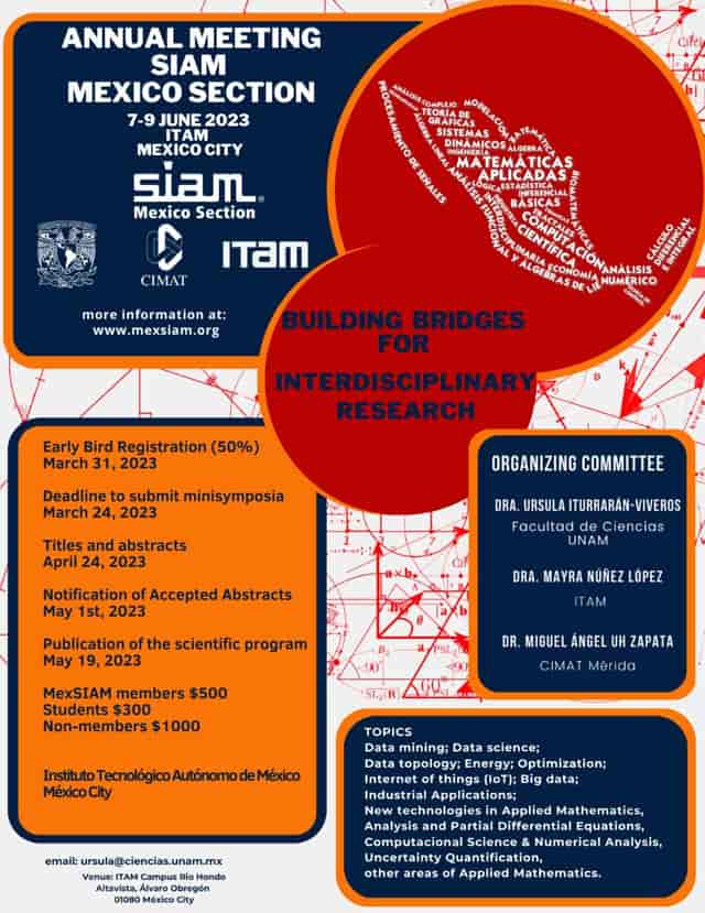 SIAM Mexico 2023 lecture hall event flyer with registration timeline and committee details.