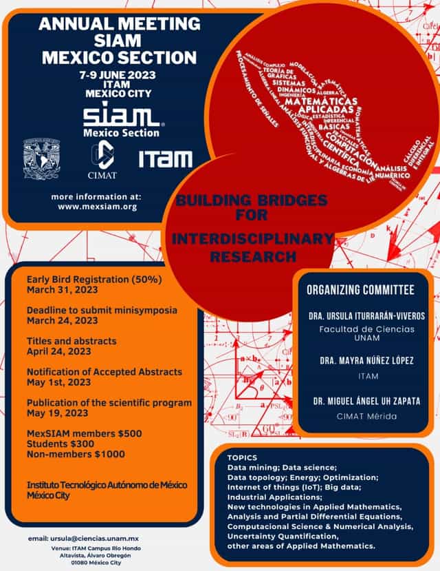 SIAM Mexico 2023 lecture hall event flyer with registration timeline and committee details.