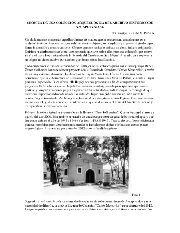 PDF) CRÓNICA DE UNA COLECCIÓN ARQUEOLÓGICA DEL ARCHIVO HISTÓRICO DE  AZCAPOTZALCO