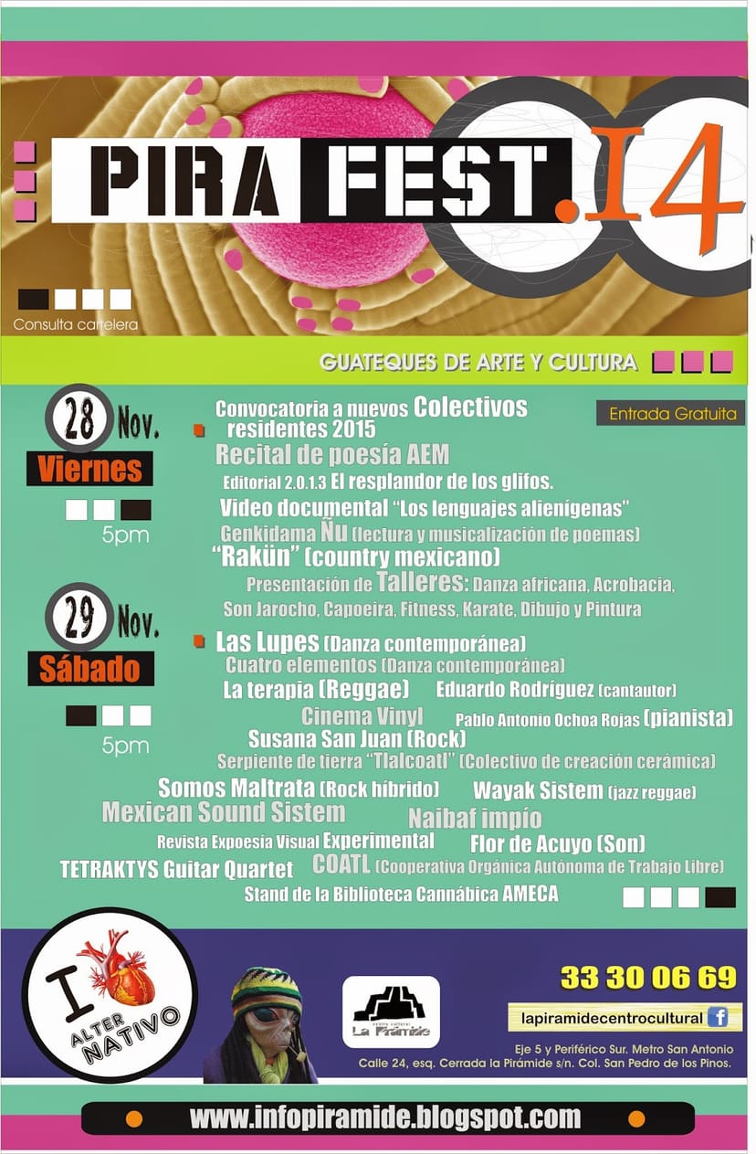 Event flyer for Centro Cultural La Pirámide, cluttered design layout, community workshop listing.
