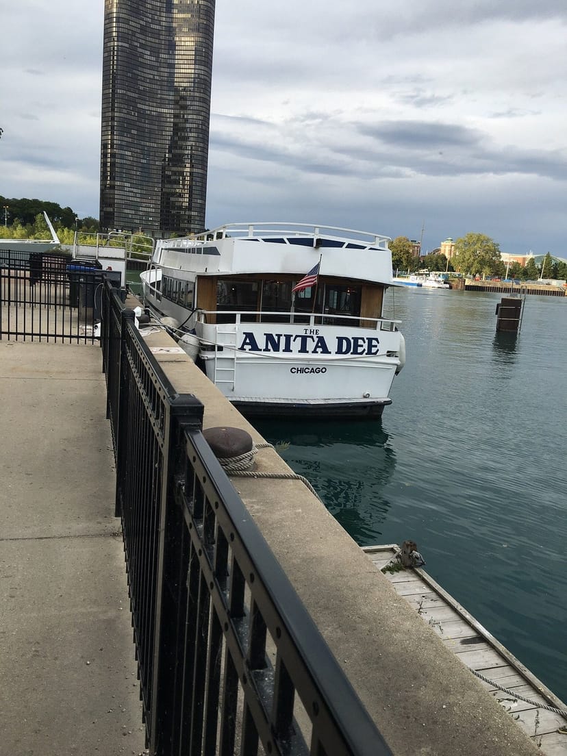 Anita Dee private yacht docked on Chicago River for experiential event or sunset cruise venue.