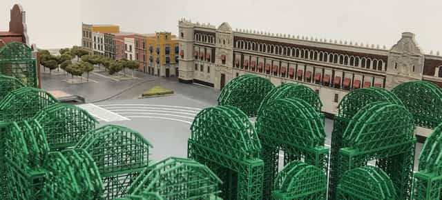 Scale model of historic town square at Casa Wabi for experiential events and festival planning.