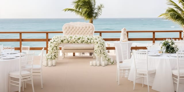 Luxury outdoor wedding reception at Grand Fiesta Americana with floral sweetheart table setup.