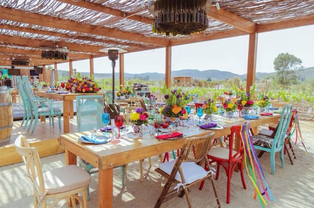 Rustic-chic outdoor wine bar for corporate retreats and luncheons at Casa Frida.