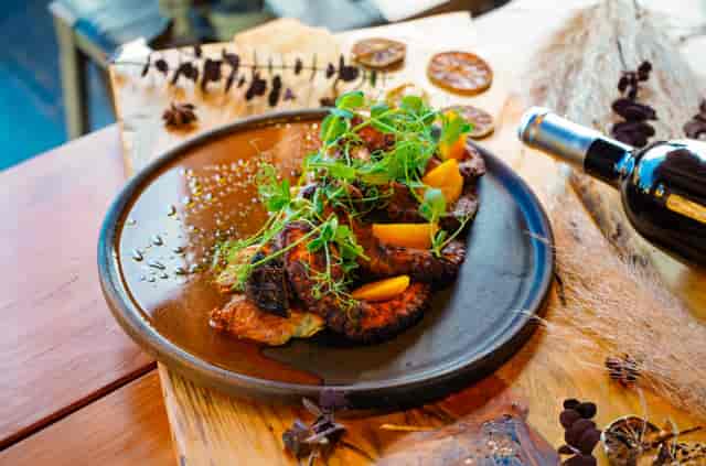 Gourmet octopus entrée at Restaurante Corazón D’Petra for upscale VIP dinner or chef’s table.
