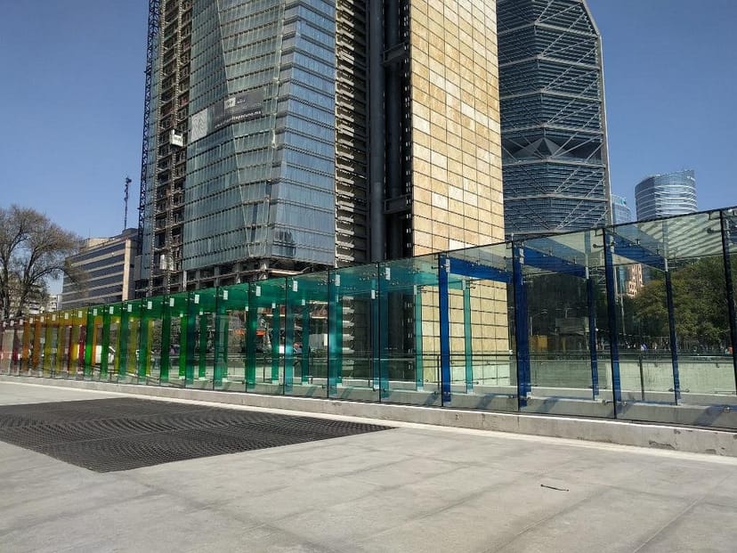 Modern cultural center walkway, sleek transit corridor for high-traffic event branding and venue.