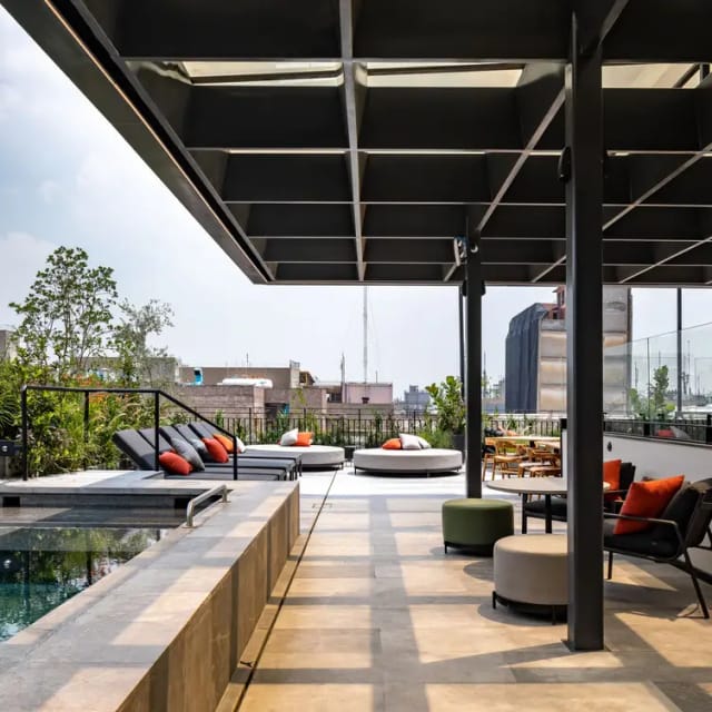 Rooftop terrace lounge at Umbral Hilton for luxury networking and corporate events.