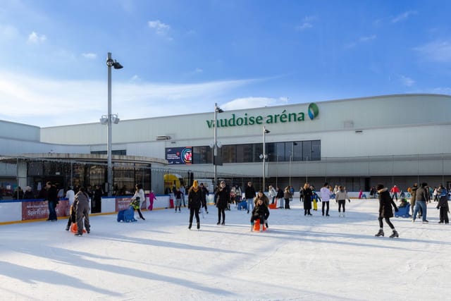 Vaudoise Aréna ice rink with seasonal outdoor plaza for winter event and sports venue activation.