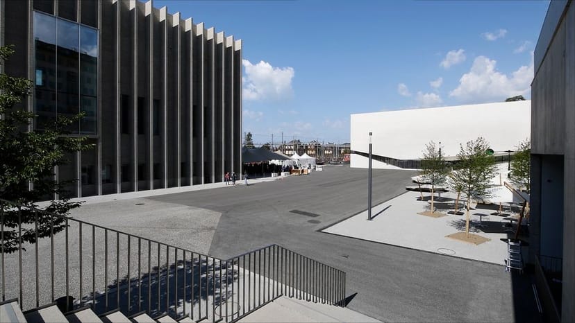 Event planner at PLATEFORME 10 museum: modern architectural outdoor plaza for festivals and launches.