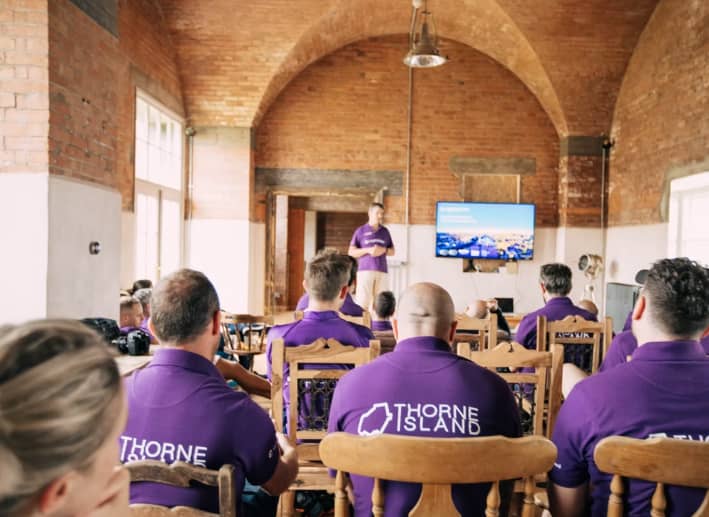 Corporate workshop at Thorne Island rustic venue, ideal for team building and professional events.