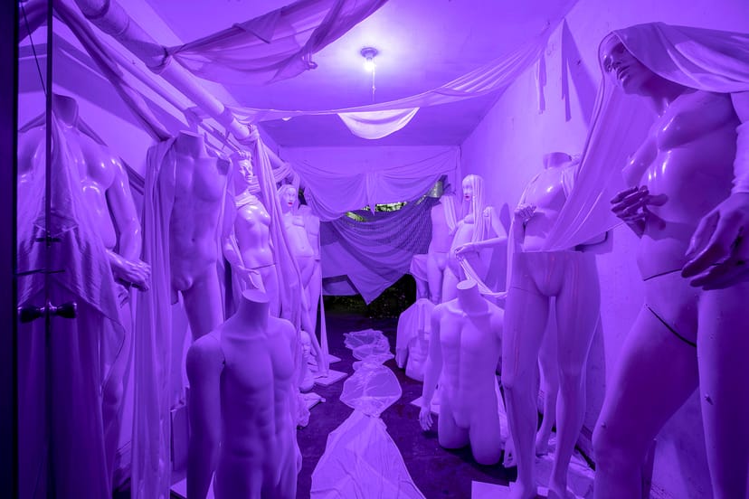 Avant-garde purple locker room art installation for product launch and themed event.