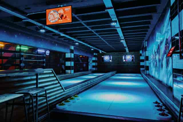 Modern indoor bowling alley at Roxy Ball Room, ideal for events and team-building.