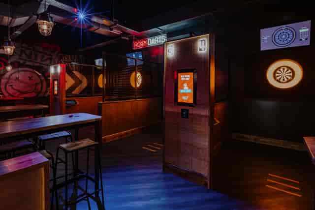 Event space at Roxy Ball Room with dartboards for networking and team-building.